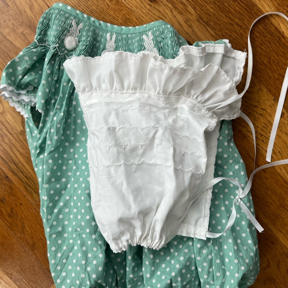 Pleats and Stitches 12 m mint green smocked bodysuit Easter Bunnies Polka Dots